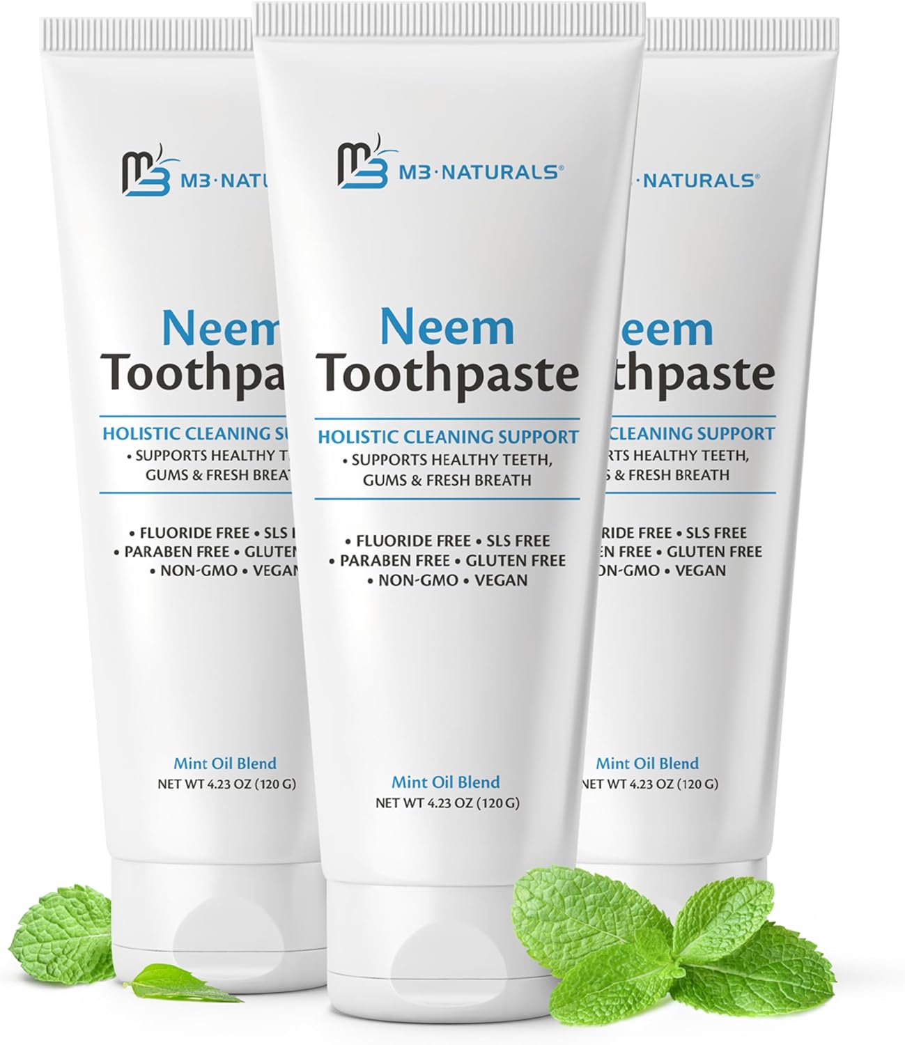 Neem Toothpaste Organic Fluoride Free With Mint, Herbal Toothpaste for Healthy Teeth & Gums, 100% Non-GMO, Vegan, M3, 4.23 oz tube